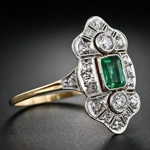 3.5Ct Art Deco Style Lab Created Emerald Engagement Wedding 14k Gold Finish Ring
