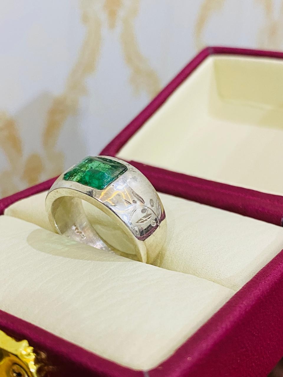 Emerald Ring Green Emerald Stone Ring Unisex Ring Silver Engraved Ring