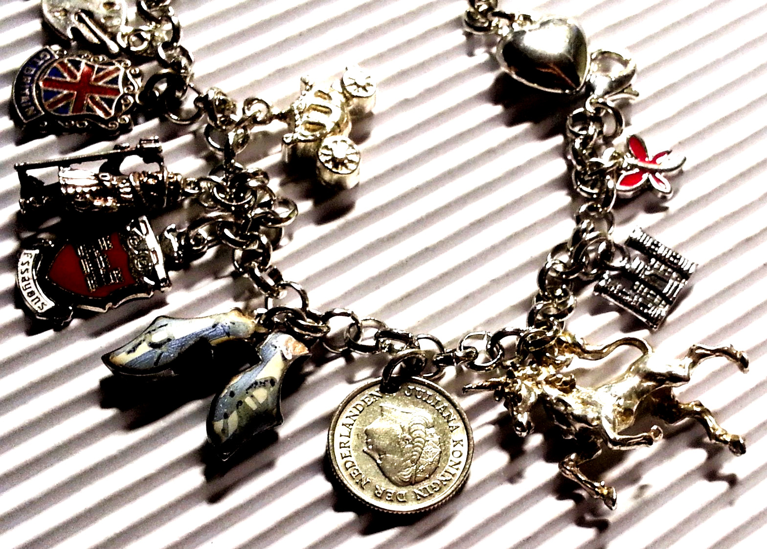 International Travel Sterling Silver Charm Bracelet & 16 Charms, 925-800 Silver