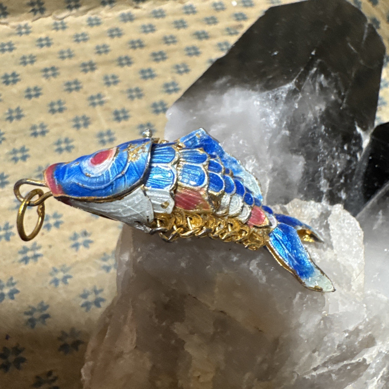 Vintage Koi Fish Cloisonne Blue White Pink Articulated Enamel Ornament Pendant