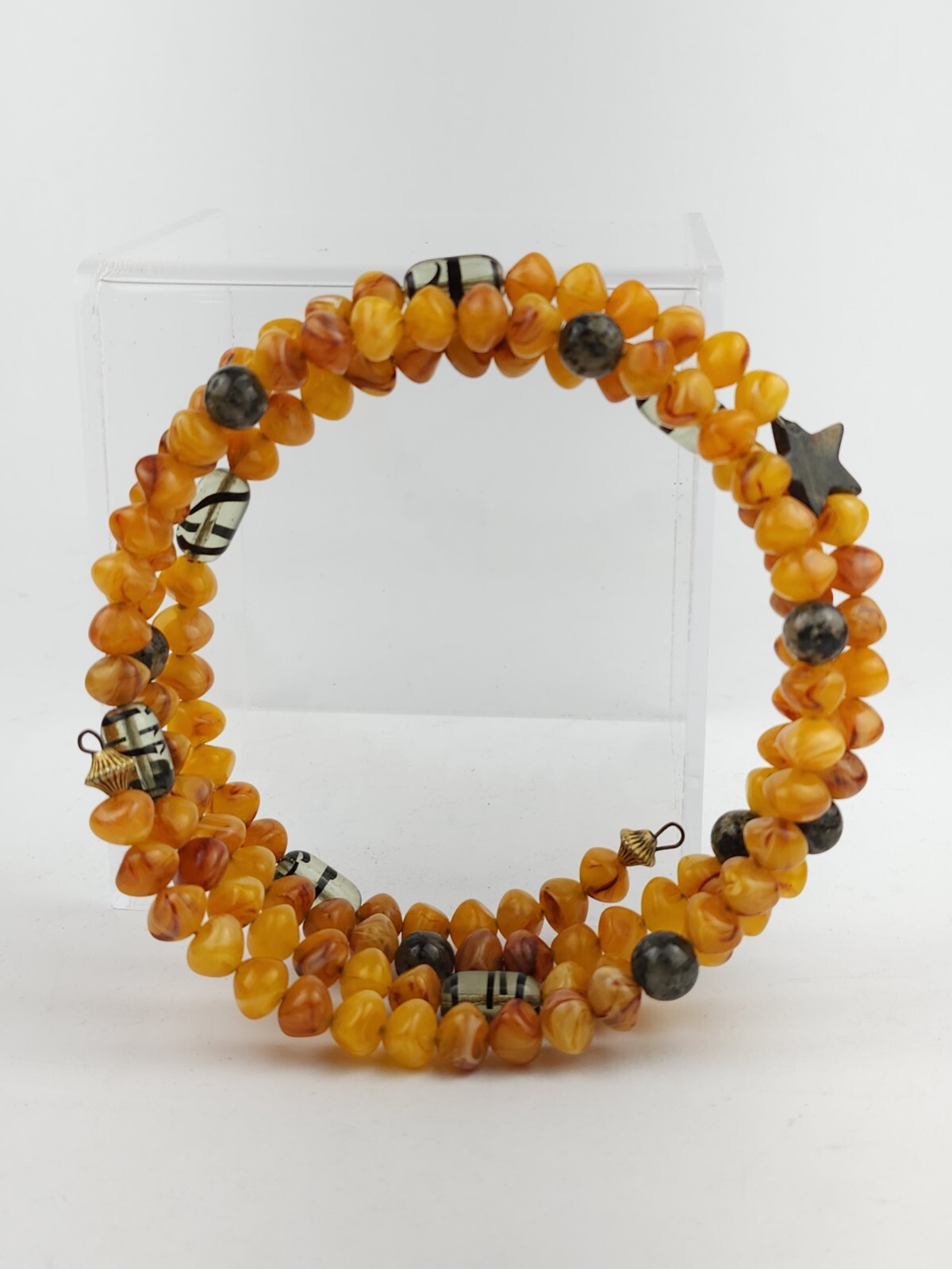 Vintage Amber Tone Memory Wire Choker Necklace Fluorescent Glass & Gemstones 56g
