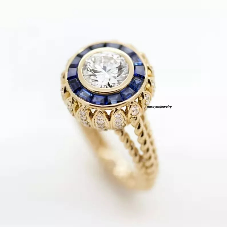 Art Deco Style Round Lab Created Diamond With Sapphire Halo 14K Gold Ring