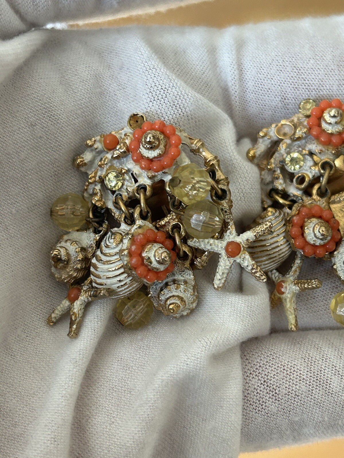 Vintage ART Arthur Pepper Clip Earrings Dangle Shells Beach AB Crystals REaD