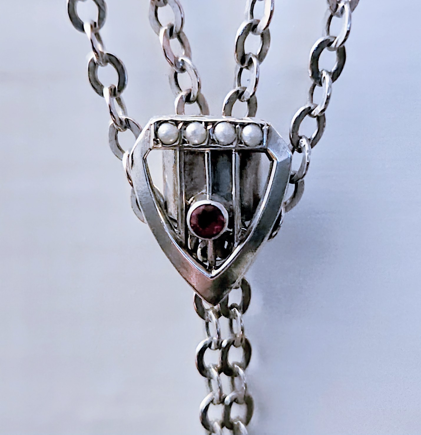 Victorian .800 Silver 57″ Guard Chain Watch Pendant Necklace Garnet Pearl Slide