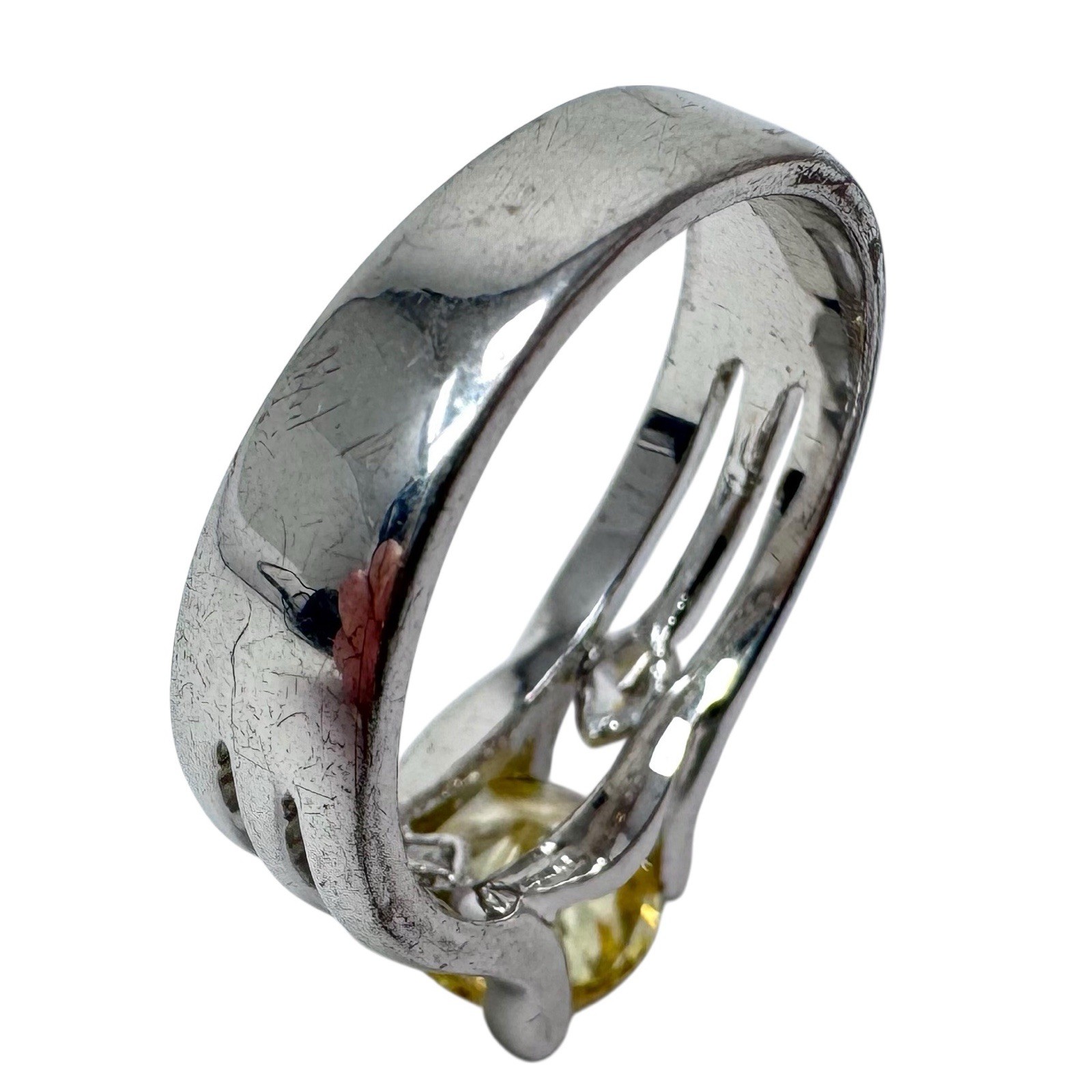 Vtg Silver Tone Yellow Round Crystal Solitaire Ring Clear Side Rhinestones 8.25