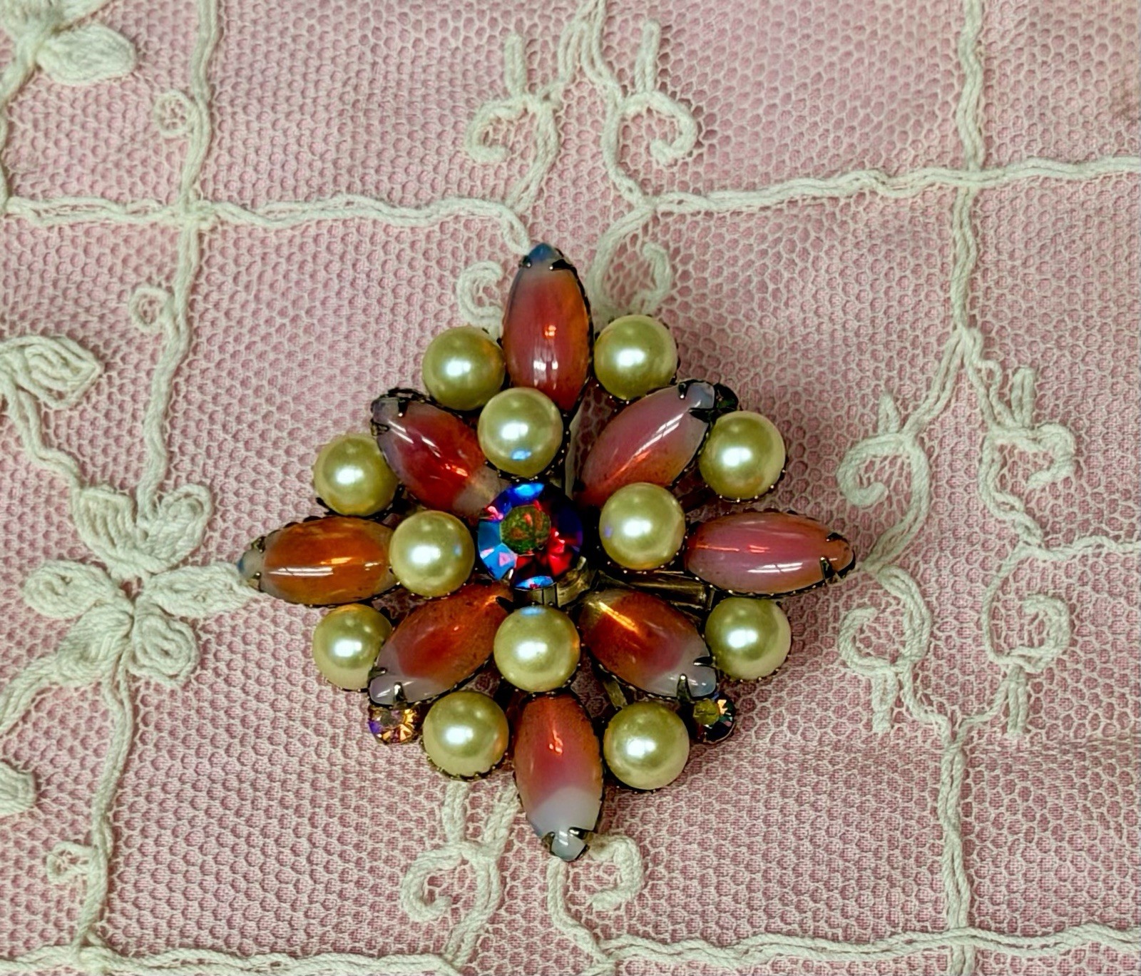 Vintage Opalescent Givre Art Glass AB Rhinestone Pin Brooch￼