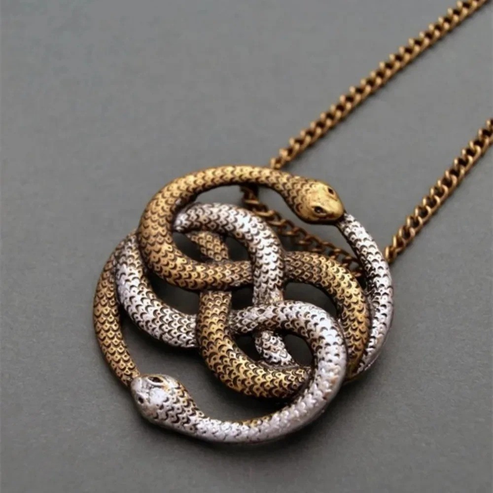 Vintage Double Snake Pendant Necklace Gold Silver Tone Serpent Chain Jewelry Gif