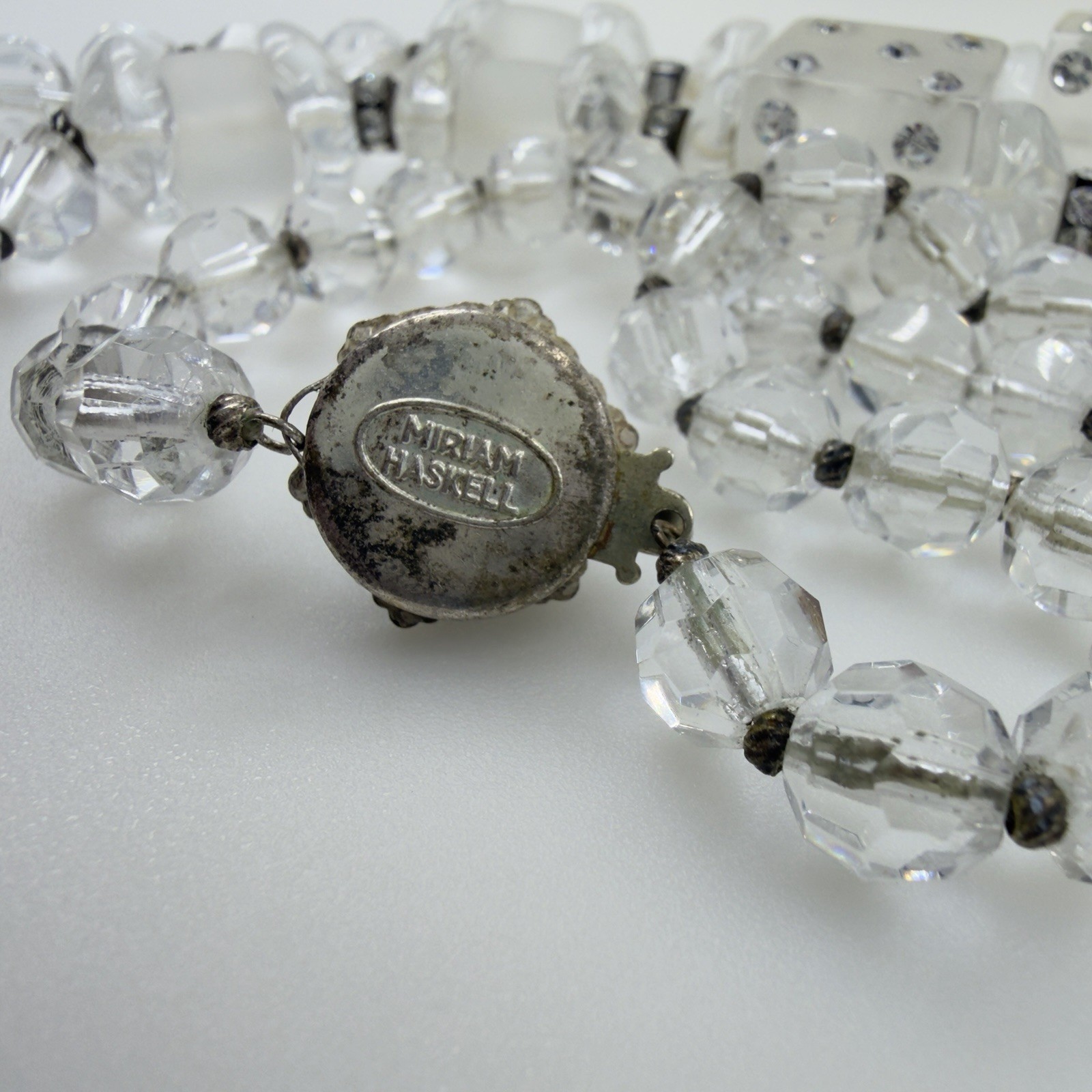 SIGNED Art Deco ▪️ MIRIAM HASKELL Lucite Glass Rhinestone CRYSTAL Clear Necklace