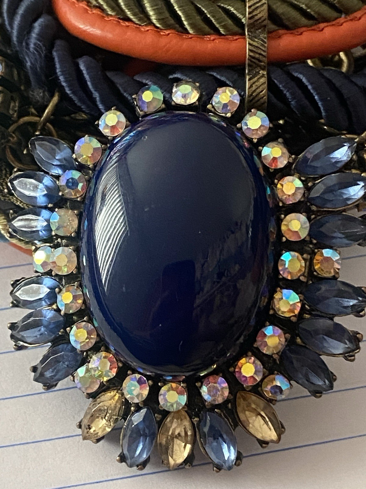 Vintage 18” Necklace Multi Rope Chain Large Pendant Blue Stone Rhinestones Boho