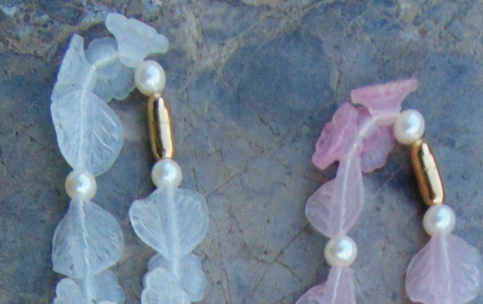 2 VINTAGE NECKLACES!~FROSTED PLASTIC FLOWERS, LEAVES, PEARLS~ GOLD BARREL CLASPS