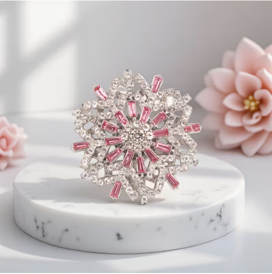 BROOCH- Beautiful Pink and Clear Rhinestone Snowflake, Silvery Metal Tone