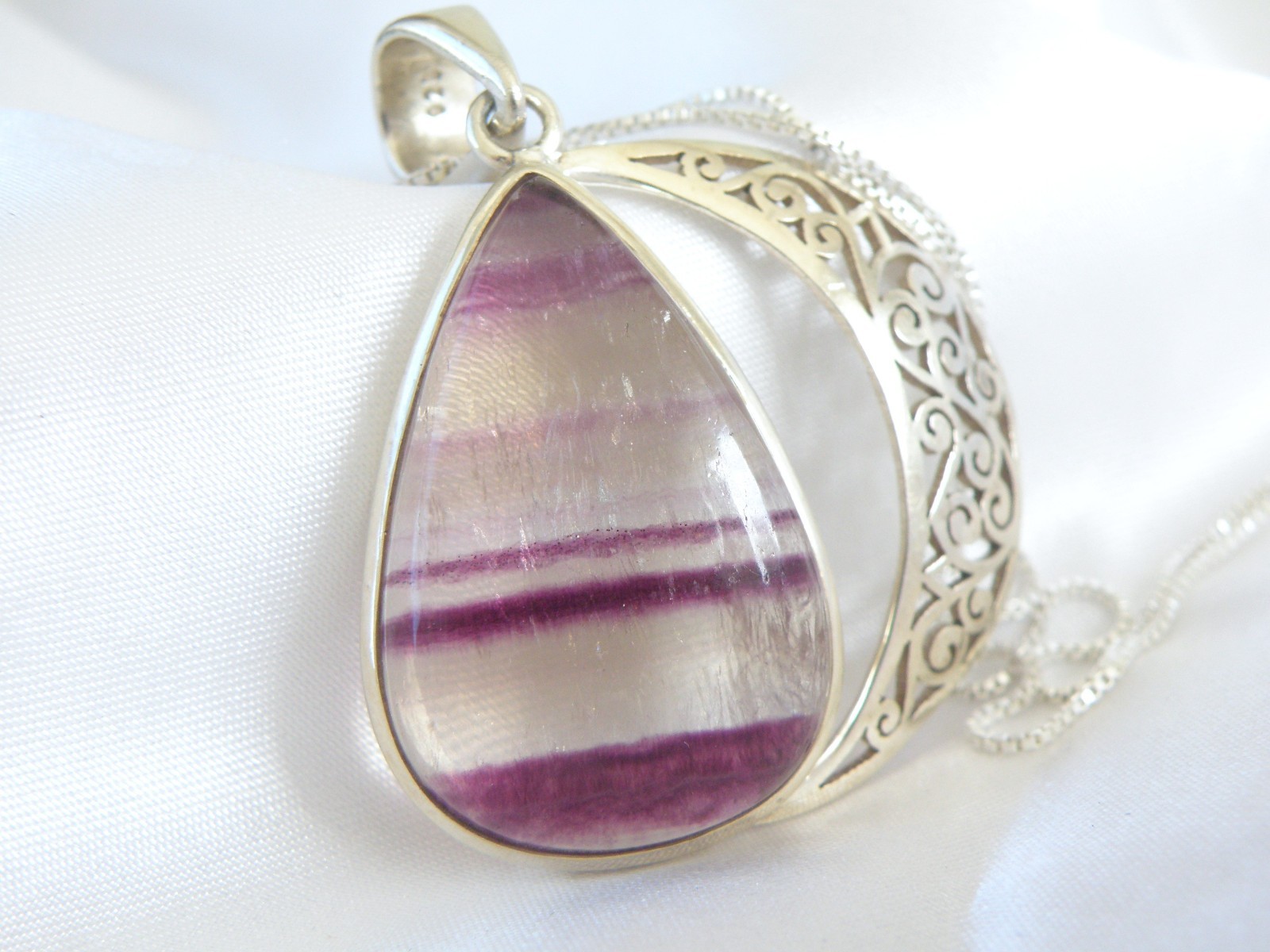 Large Sterling Silver 925 Fluorite Crescent Moon Pendant Necklace