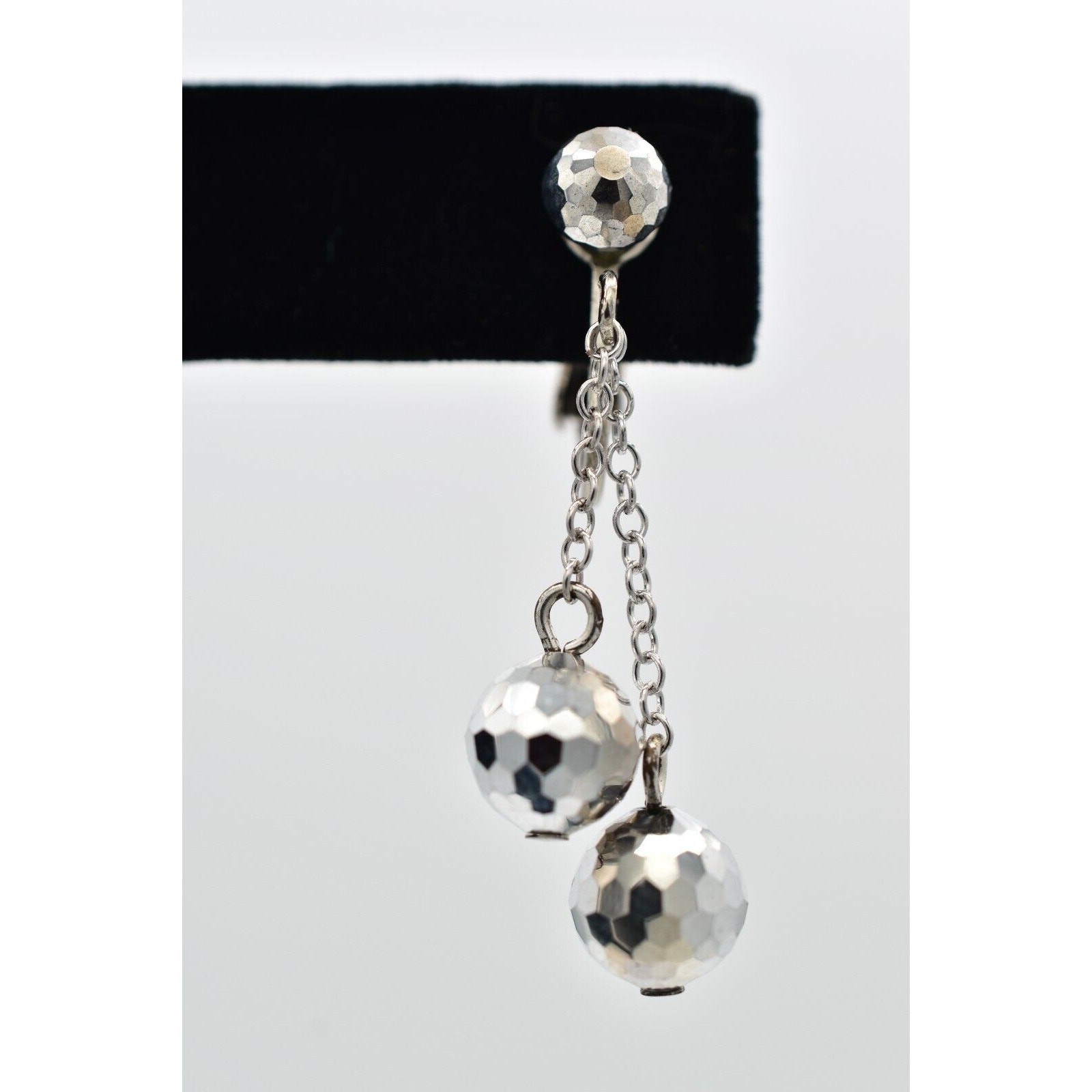 Vintage Crystal Clip On Earrings Silver Chain Disco Ball Chain Drop 1950s A23