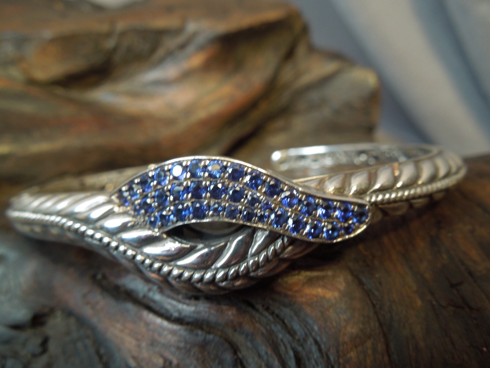 Vintage Robert Manse M ID 925 Sterling Silver Sapphire Hinged Cuff Bracelet
