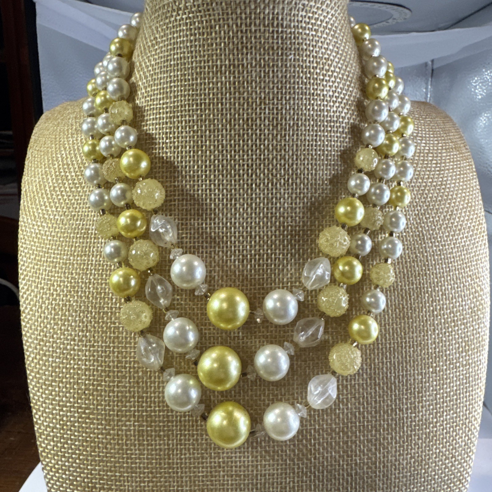 Vintage Signed Japan Triple Strand Yellow & White Beaded Costume Necklace