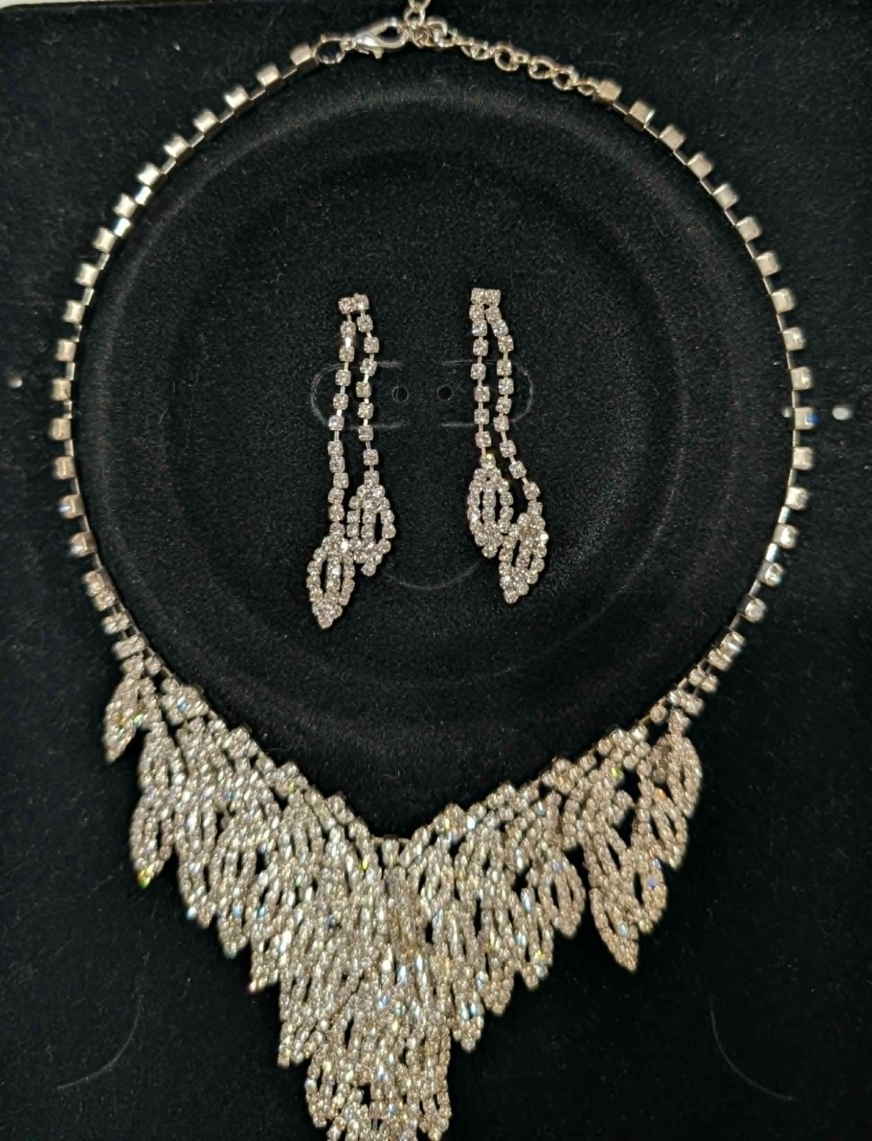 Vintage Clear Rhinestone Silver tone Necklace & Pierced Earring Set