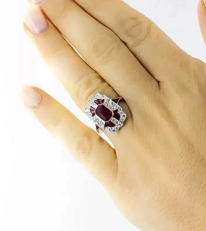 4Ct Art Deco Style Ruby & Lab-Created Diamond Engagement 14K White Gold FN Ring