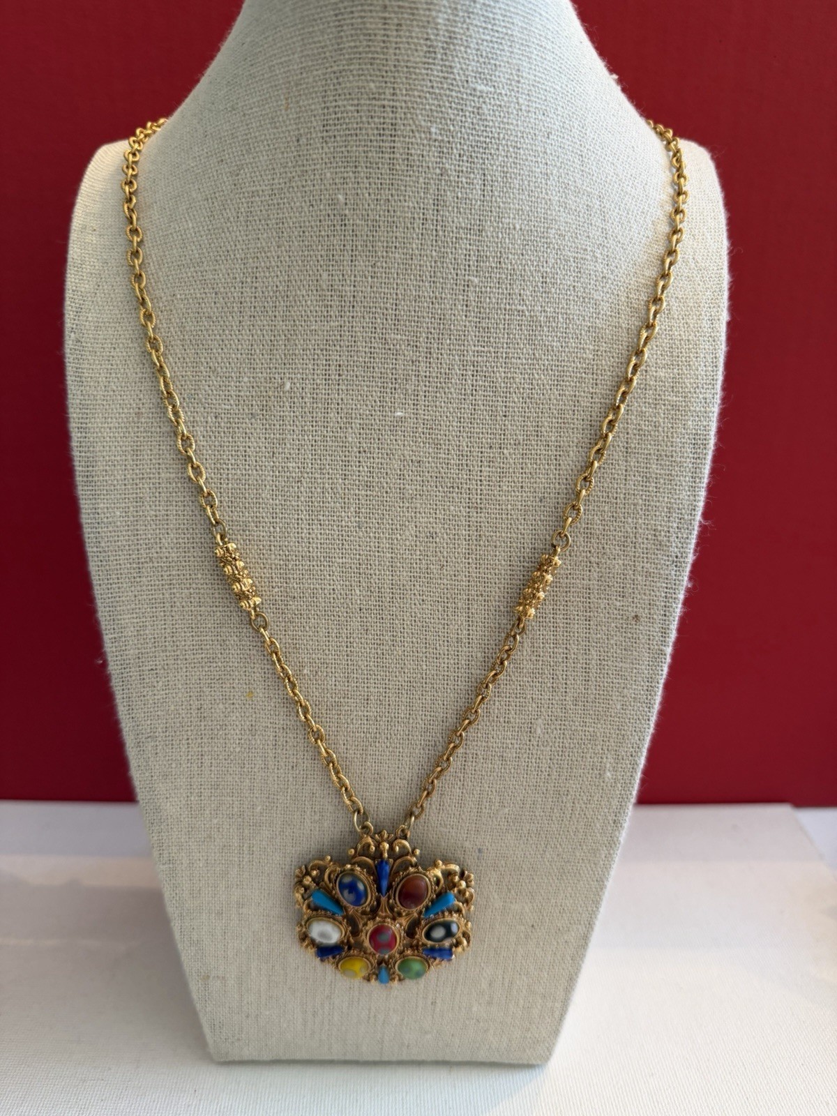 Vtg. Florenza Ornate Gold Tone Multi Color Cabochon Pendant Necklace 24” BinR