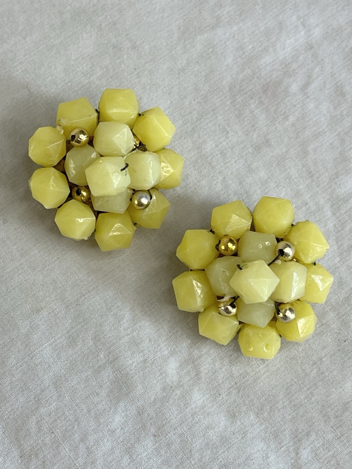 Hong Kong Yellow Beaded Necklace and Clip On Earrings Set Seven Strand Necklace