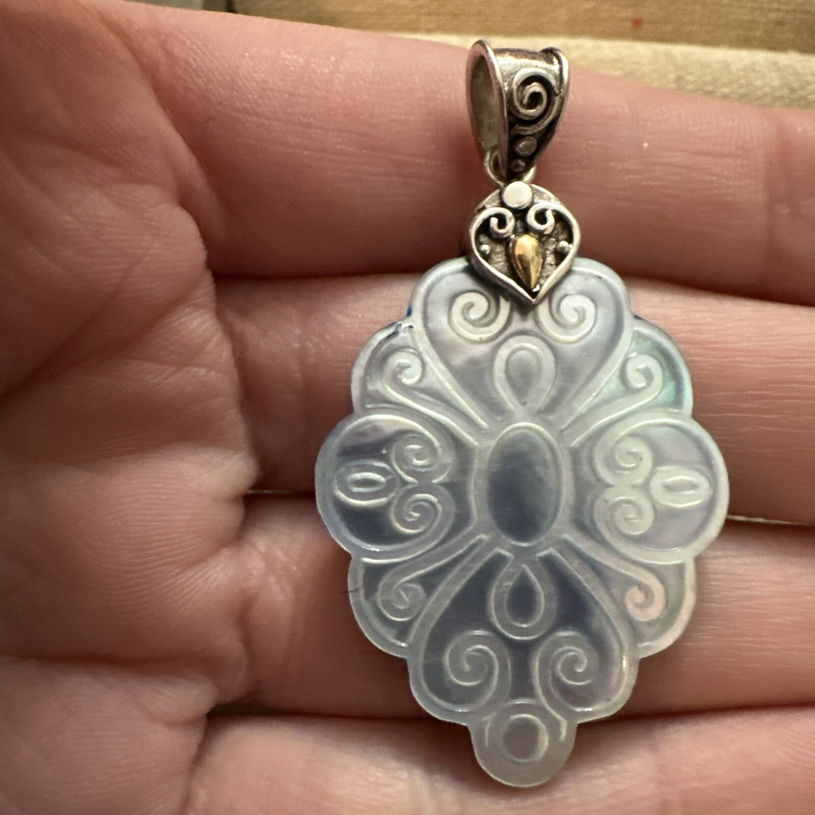 ROBERT MANSE 18K GOLD & STERLING SILVER CARVED MOP MOTHER OF PEARL PENDANT