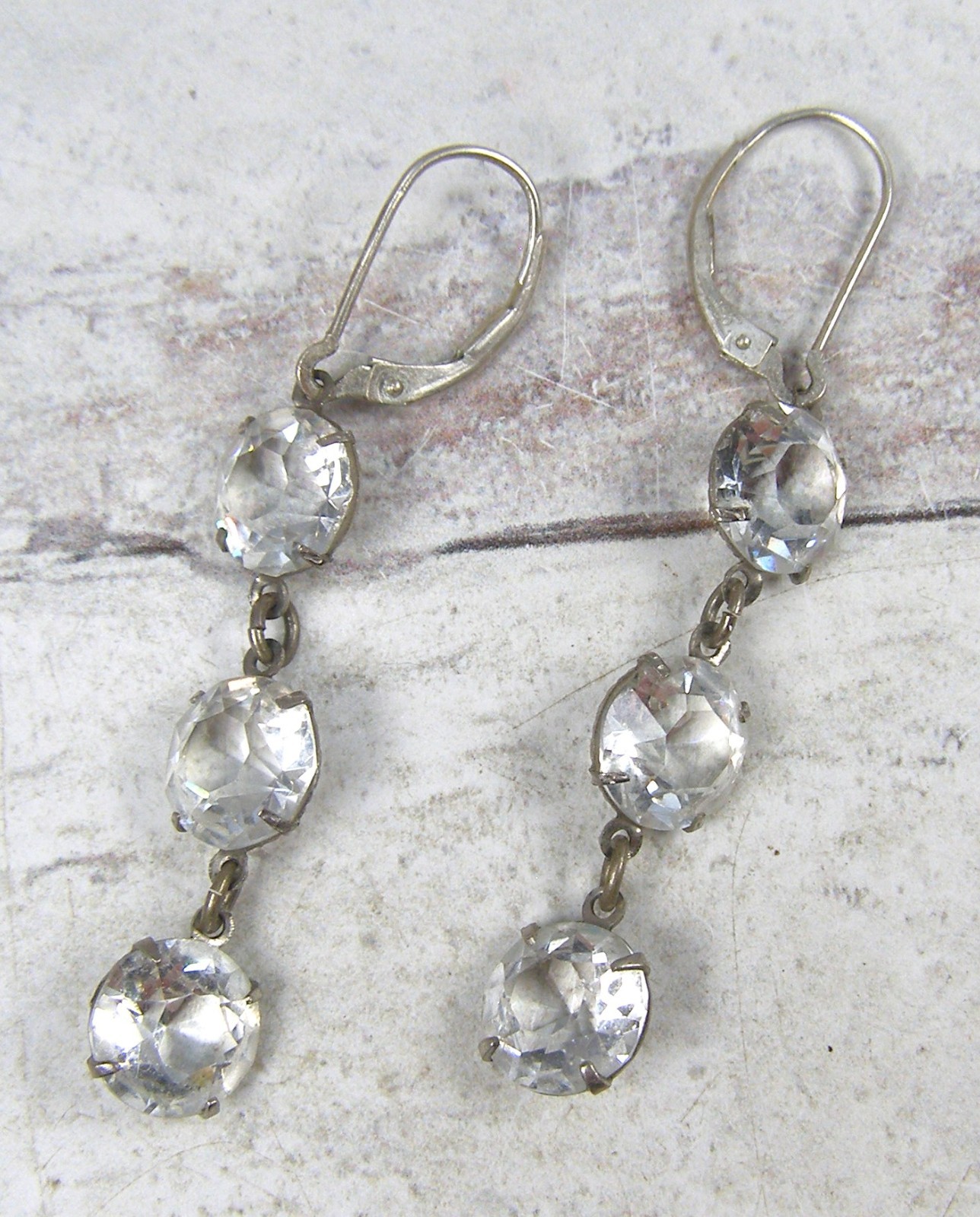 Vintage Sterling Silver Open Back Bezel Clear Crystal Dangle Linear Earrings