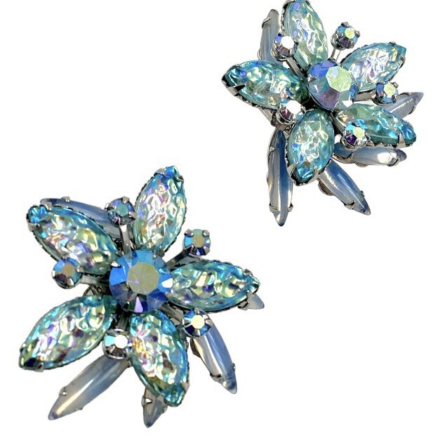 Vintage Judy Lee Blue Iridescent Glass Floral Clip Earrings AB Rhinestone 1960s