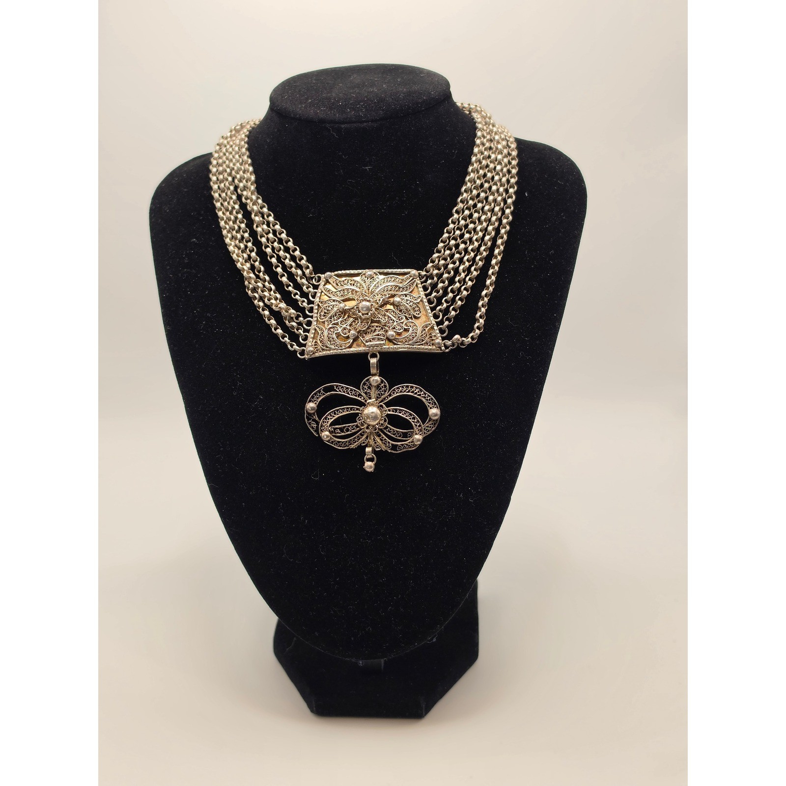 Vintage Silver Filigree Multi Strand Necklace 5 Chain Statement Piece 800 Silver