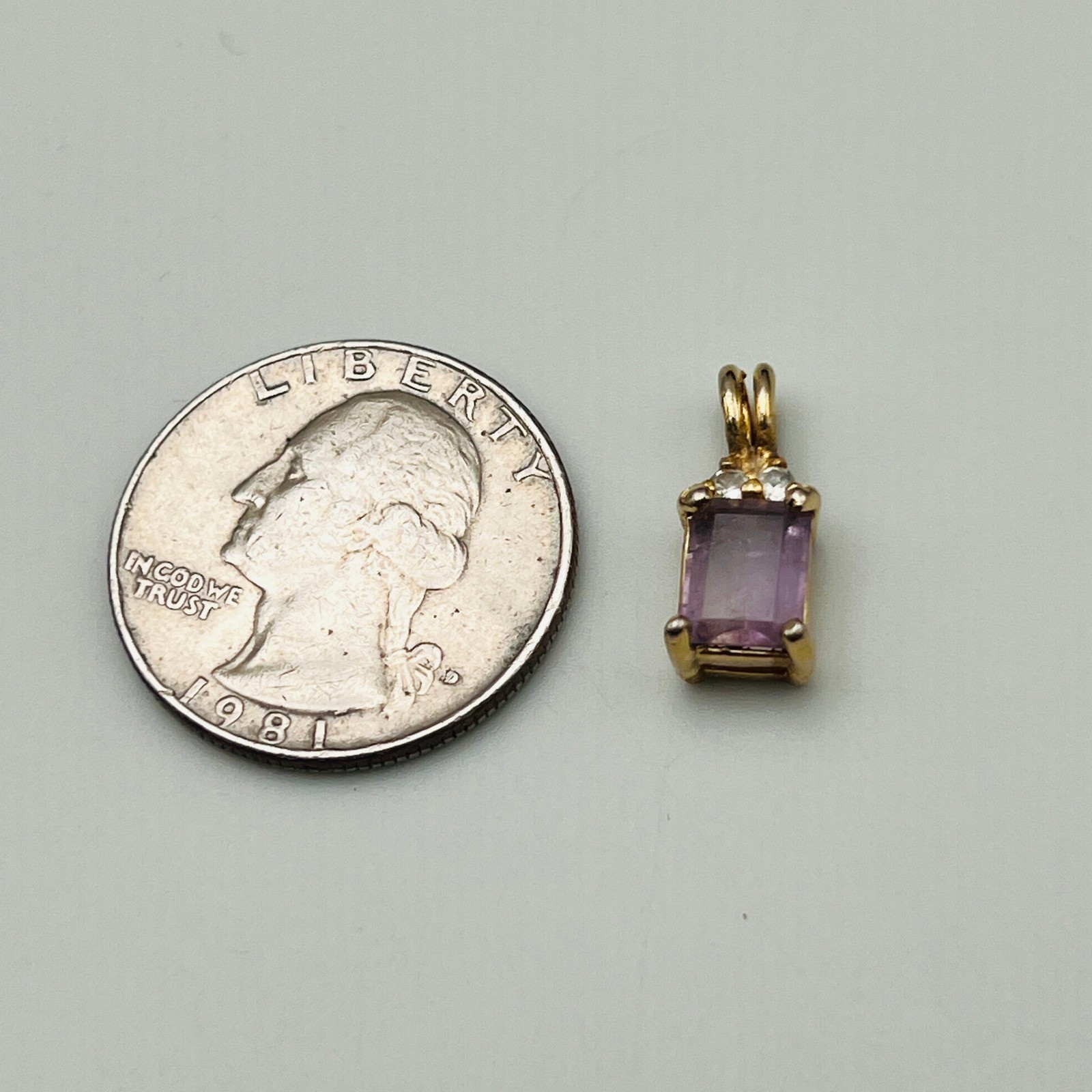 Gold Filled Amethyst Pendant Emerald Cut Purple and Clear Stone Clear Accent
