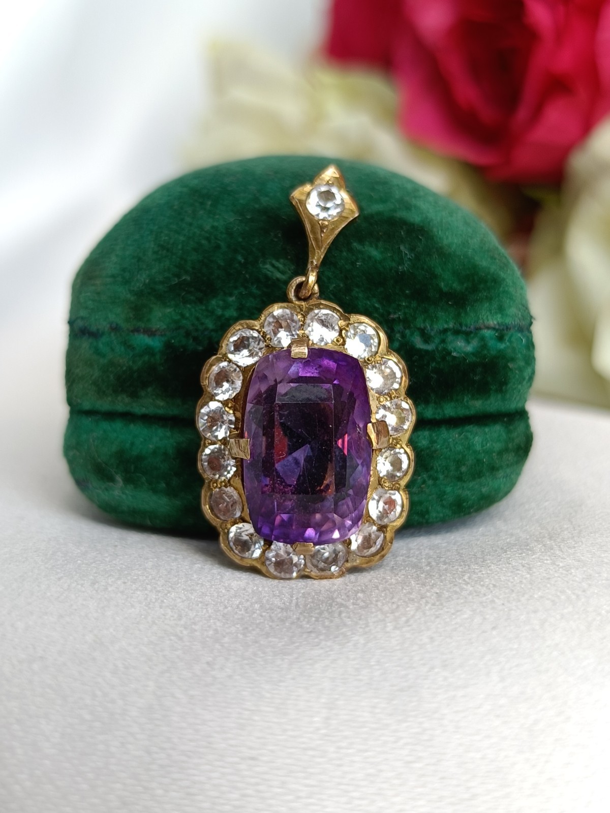Fabulous Vintage 1930’s Art Deco 9ct Gold Amethyst & White Sapphire Pendant