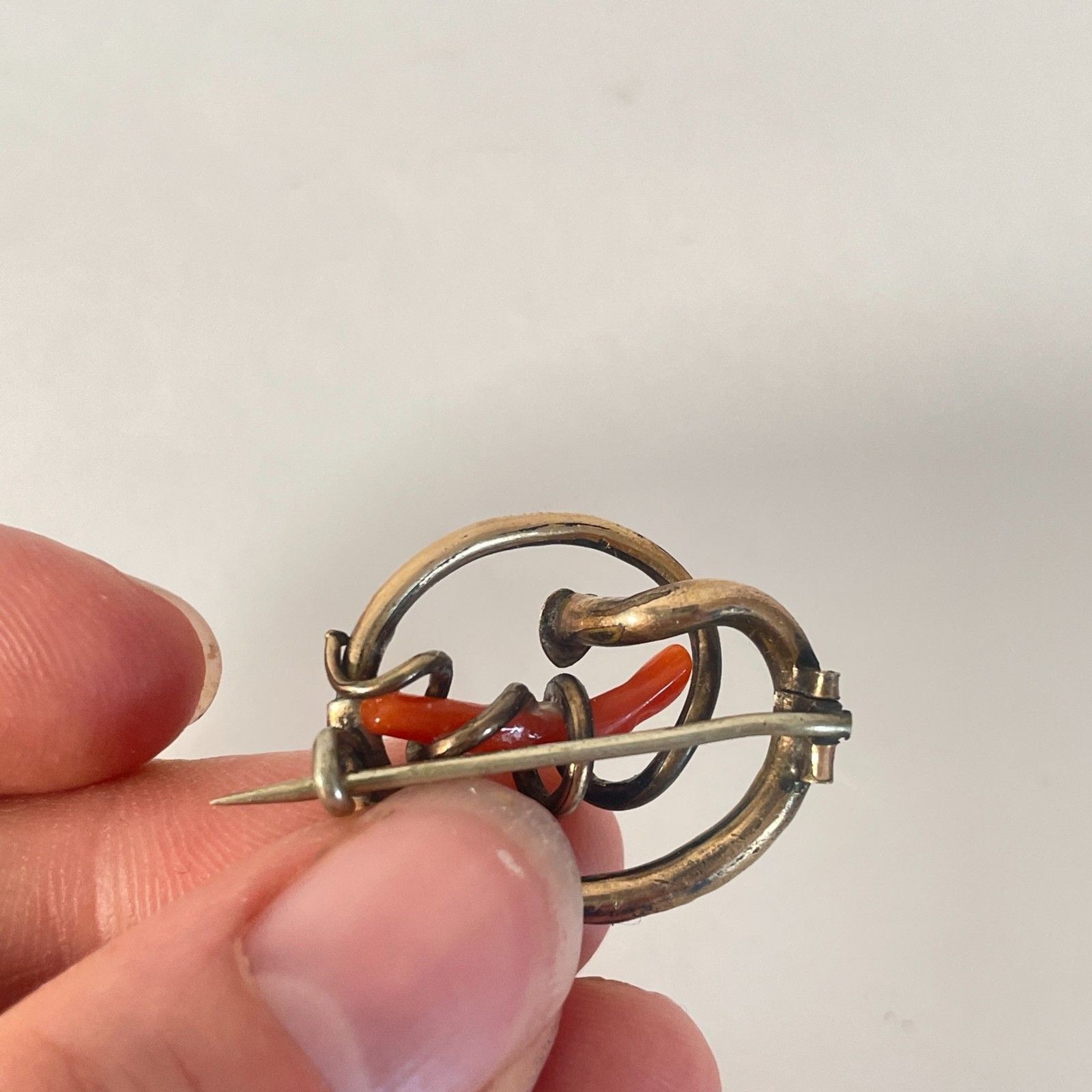 Antique Victorian Gold-Filled Brooch with Coral