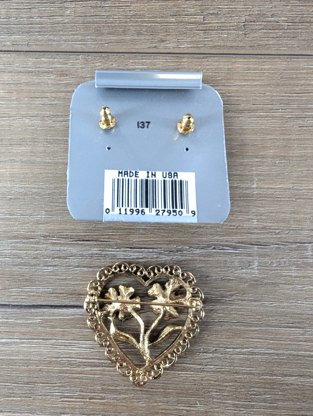 1928 floral goldtone pierced earrings nickel free and coordinating heart pin