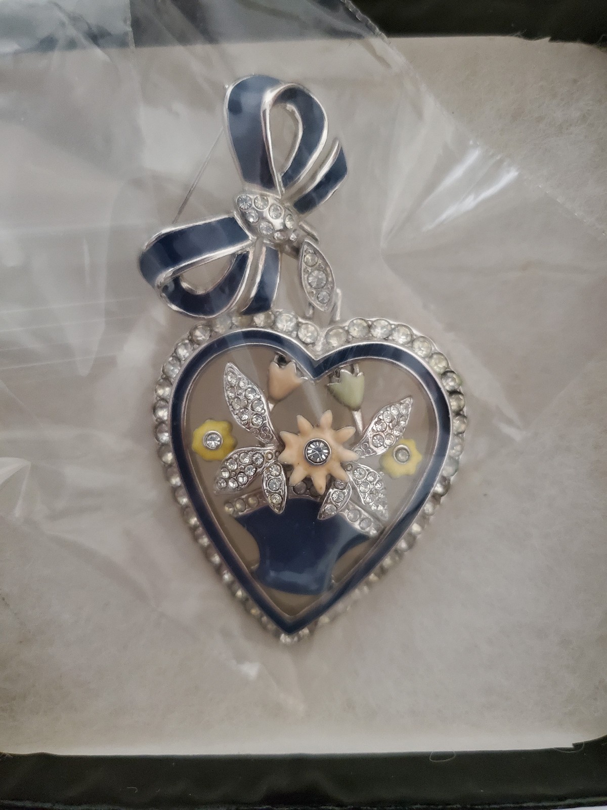 Enamel Rhinestone Flower Basket Heart Pin / Brooch Designed by HSM 1992