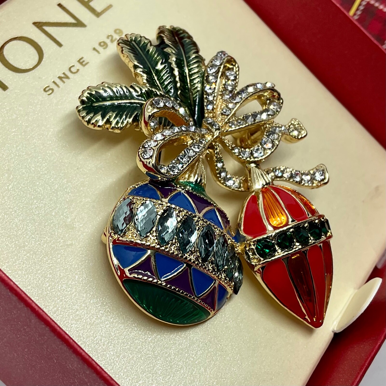 Monet Christmas Ornament & Pine Brooch Pin Enamel & Pave Rhinestones NEW in Box