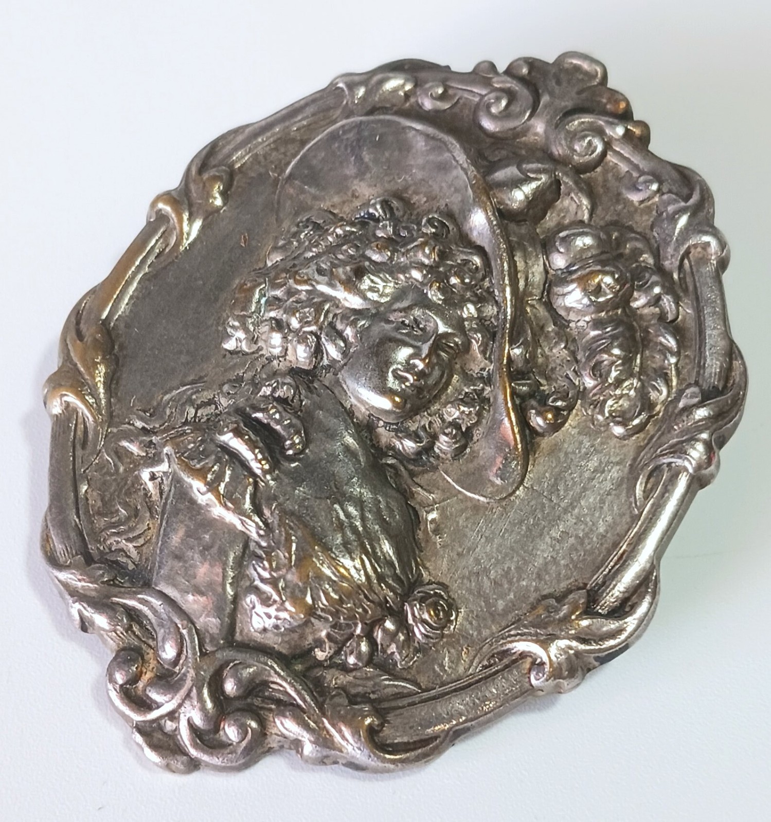 Antique Silver Art Nouveau Repousse Brooch Pendant: Fancy Lady in Large Hat