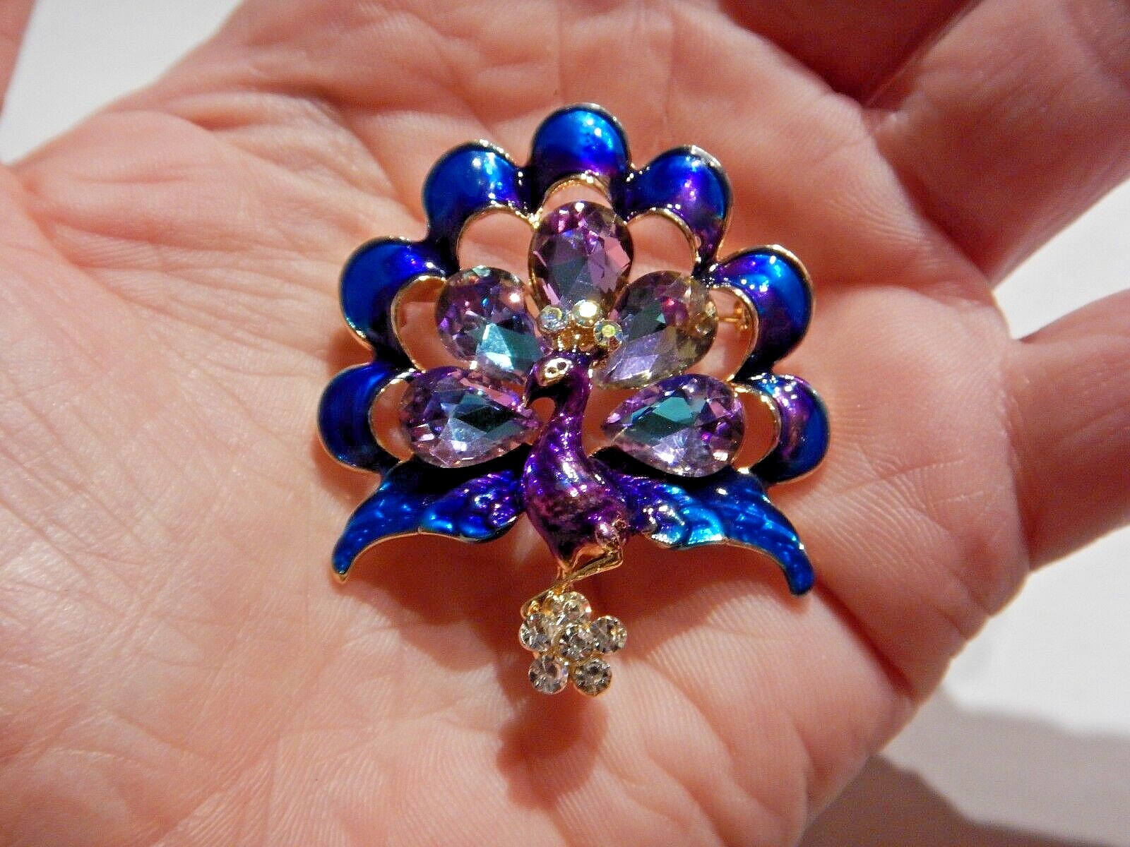 Style Peacock Bird Rhinestone Crystal Cyan Brooch Pin Pendant Flower Jewelry