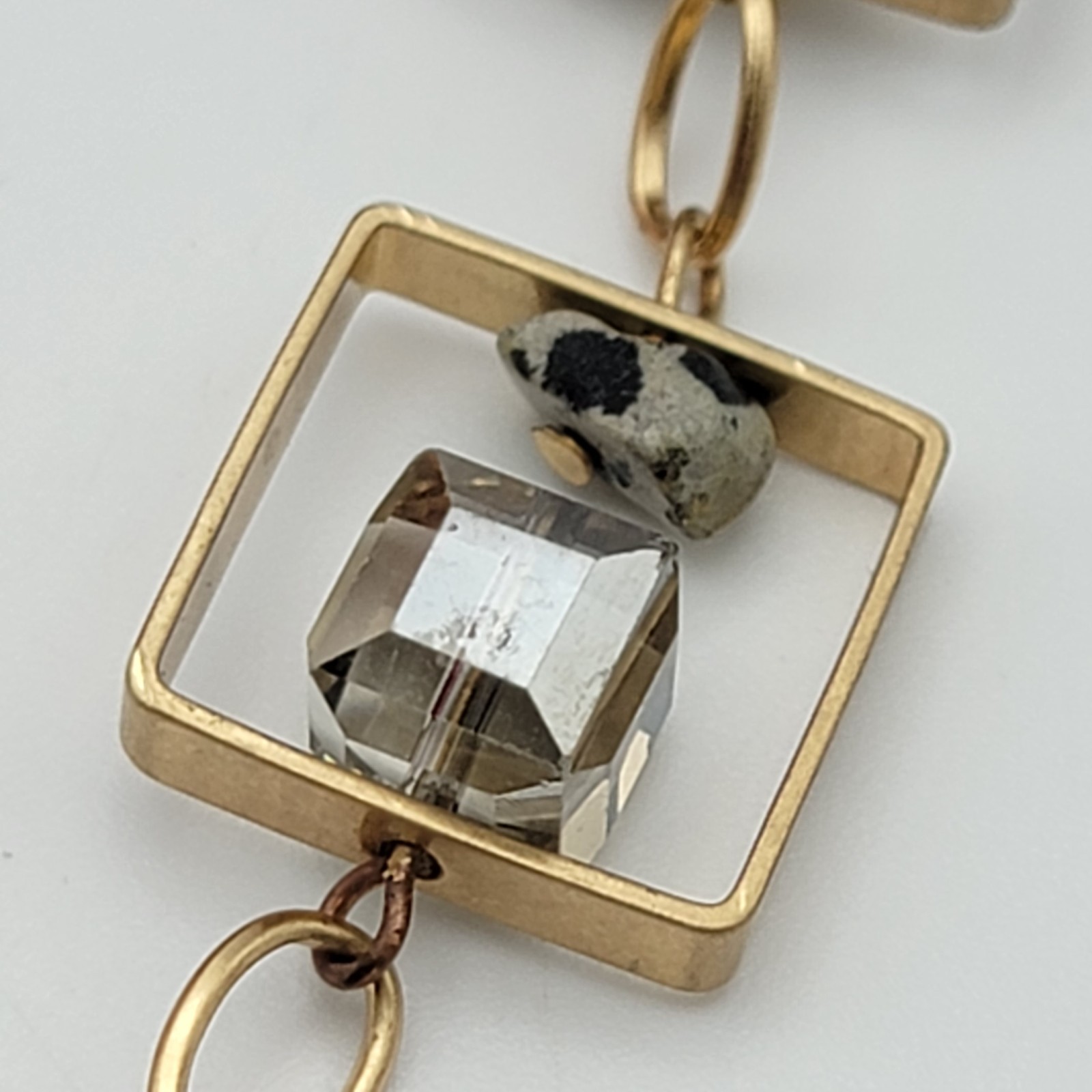 Art Deco Multi Gemstone Charm Square Frame Link Chain Necklace Gold Tone 21″ Adj