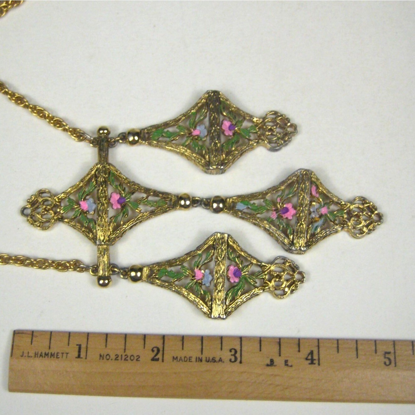 Enamel Floral Dangle Pendant Necklace 21 in Goldtone Multi Strand Chain Vintage