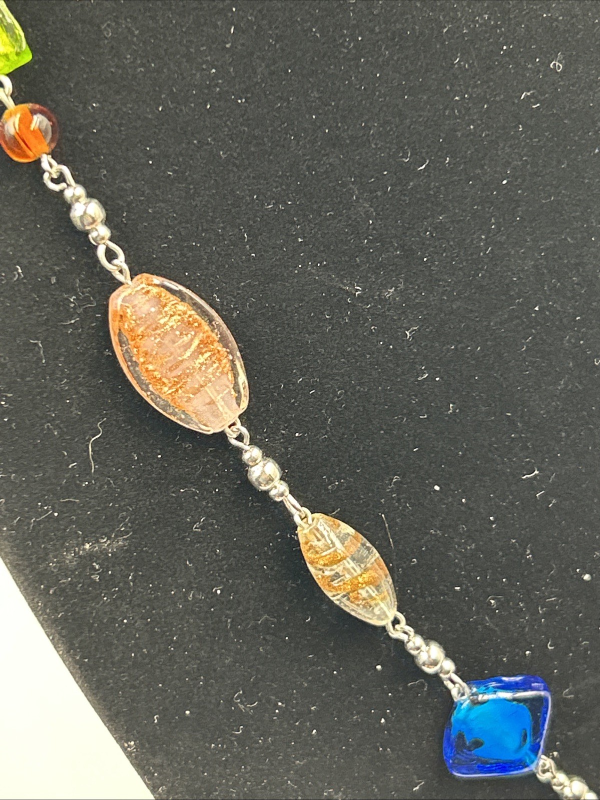 VTG Premier Design Art Glass Beaded Necklace Silver Tone Signed 30”w/2”
