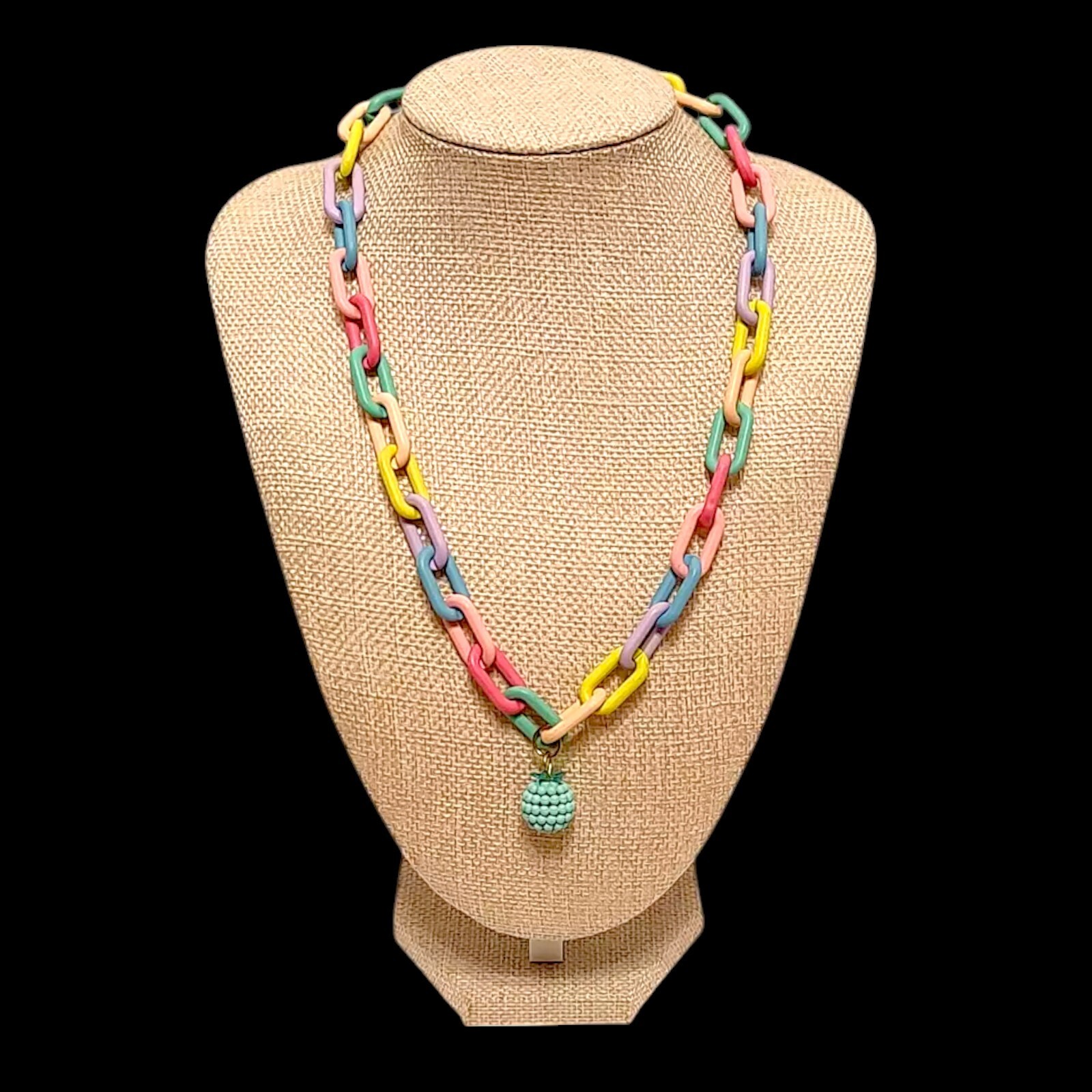 VTG Chunky Paperclip Chain Bright Colors Drop Pendant Statement Necklace 19″