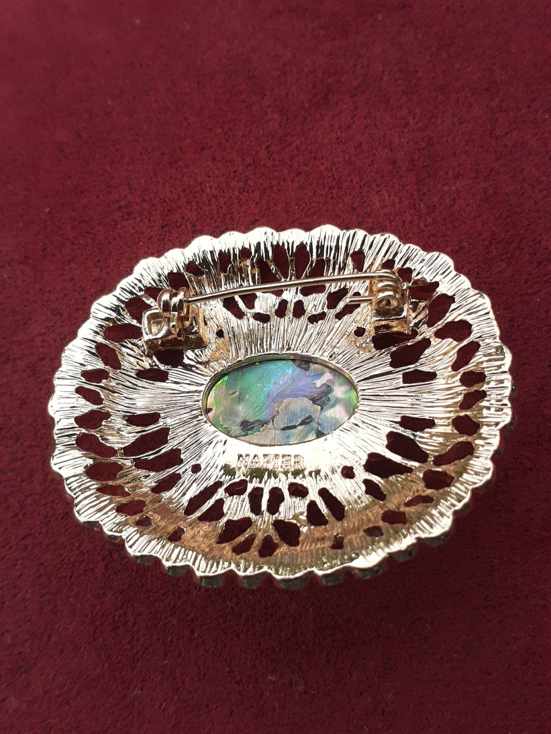 Napier Gold Tone Faux Abalone, Rhinestone Filigree Style Oval Brooch Signed