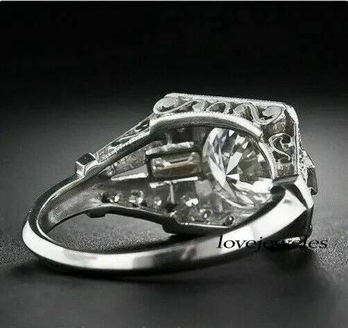 3CT Round Cut Real Moissanite 14K White Gold FN Vintage Art Deco Engagement Ring
