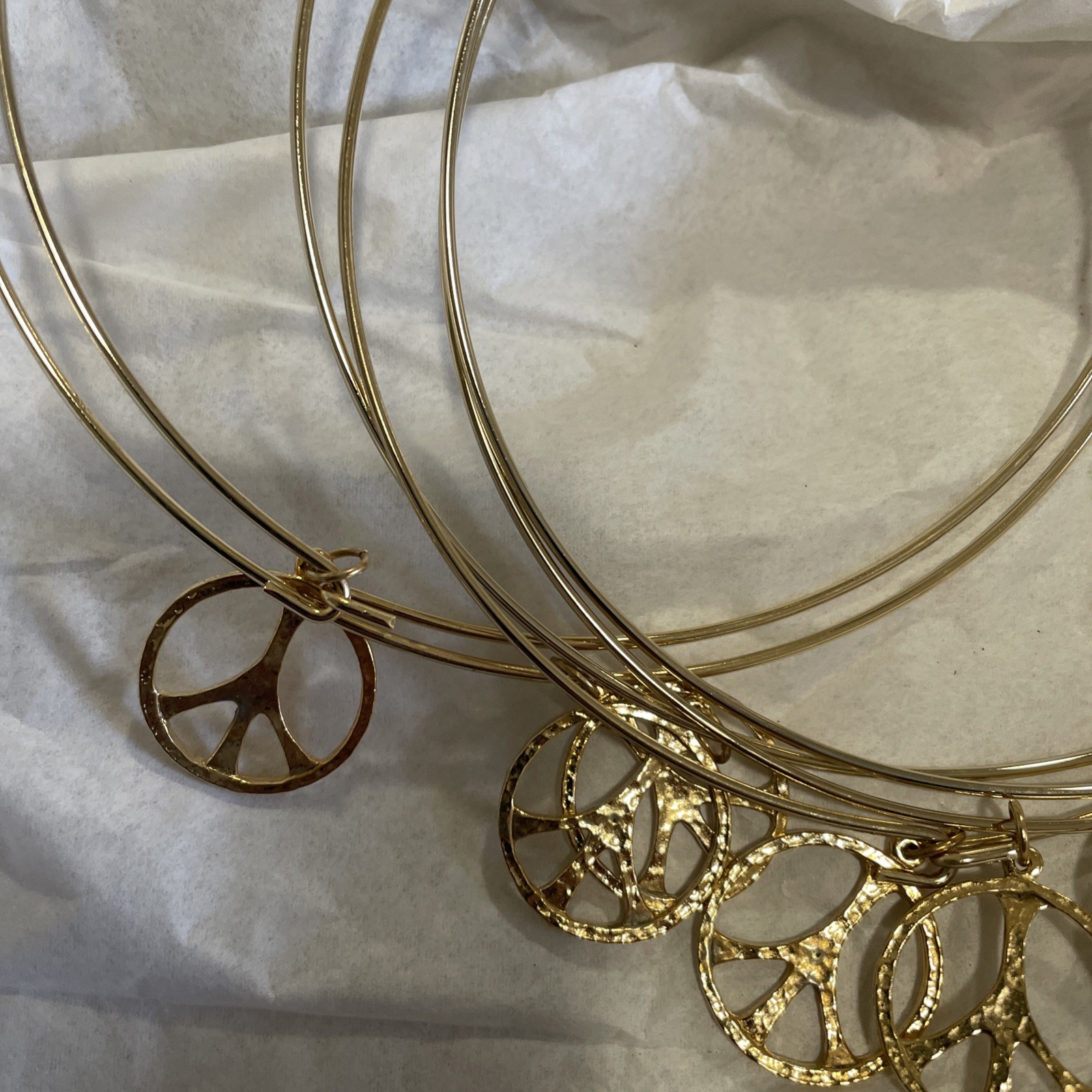 6 Vintage Gold Plated Neck Wires With Peace Sign Charm