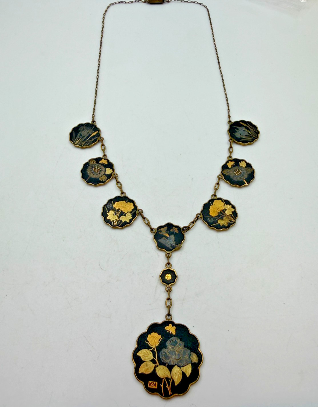 Vintage Necklace Damascene Japan KZ Scenic y-Drop Pendant