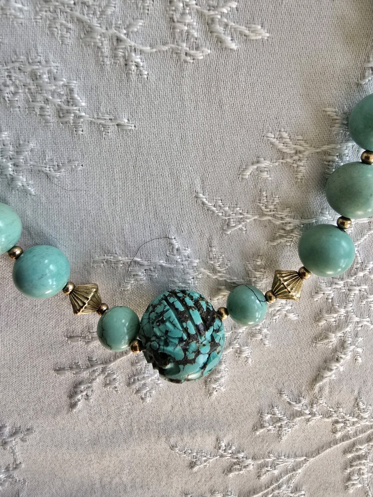 Chinese Turquoise Shou Carved Bead Earrings & Necklace 21” Gold Plated Clasp