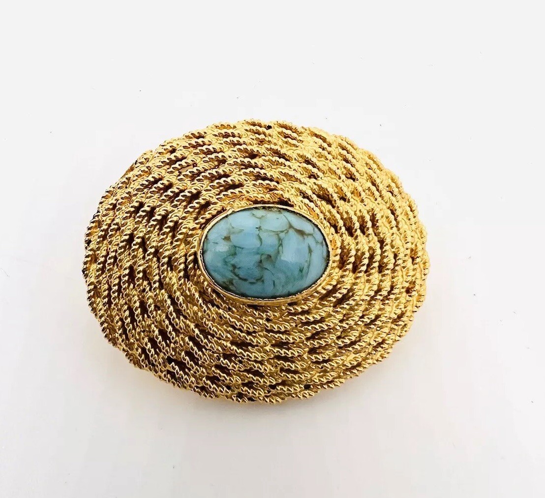 Italy Shiny Gold Plated Rope Twist Turquoise Glass Brooch Signed Vintage Jewelry