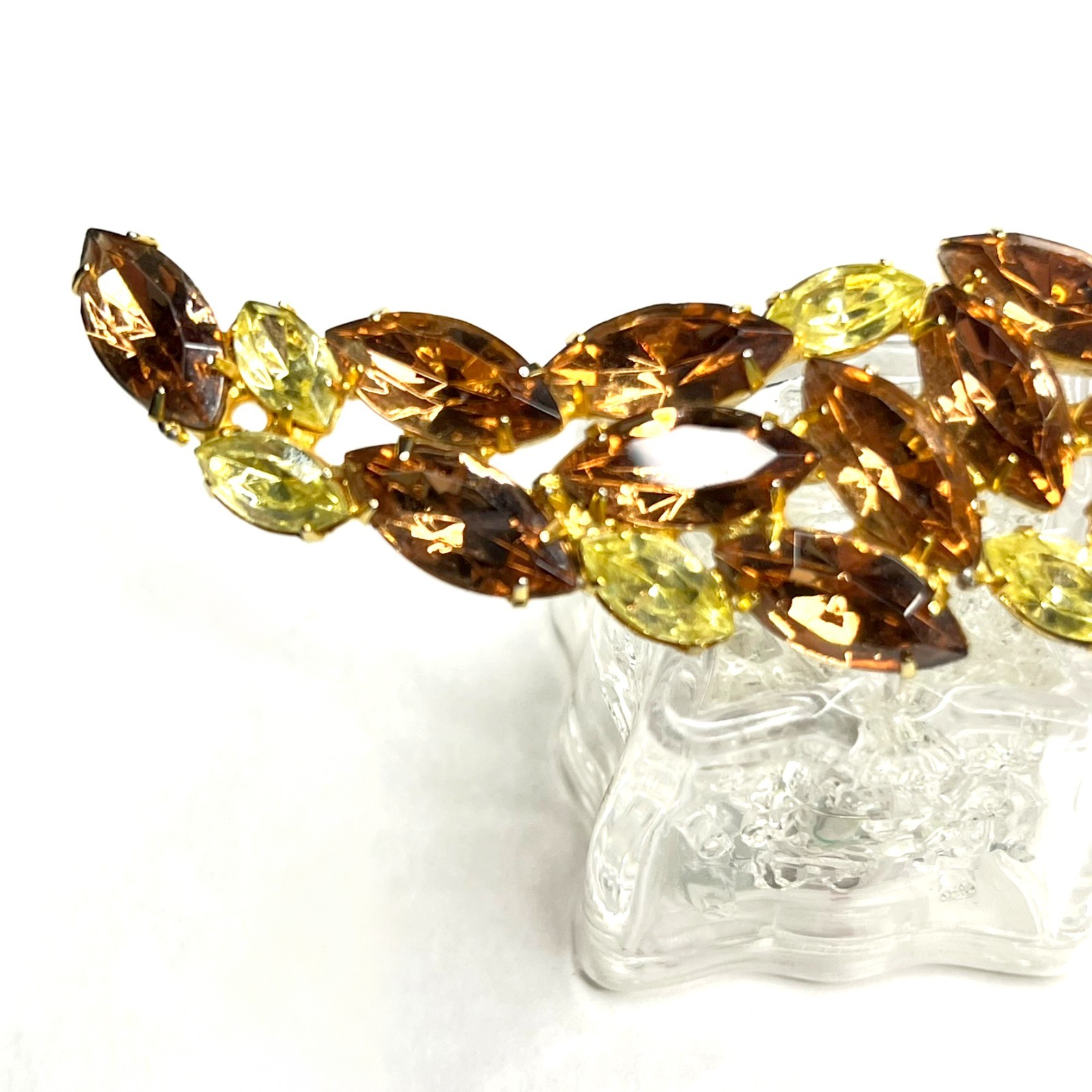 Large VTG Juliana? Leaf Flame Swoosh Brown Yellow Navette Rhinestone Pin Brooch