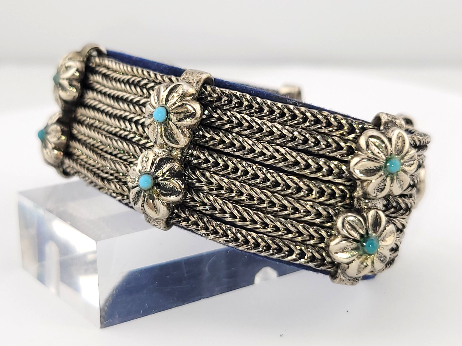 Vintage 7 Strand Snake Chain Turquoise Glass Flower Southwestern Bracelet 7-8.5″