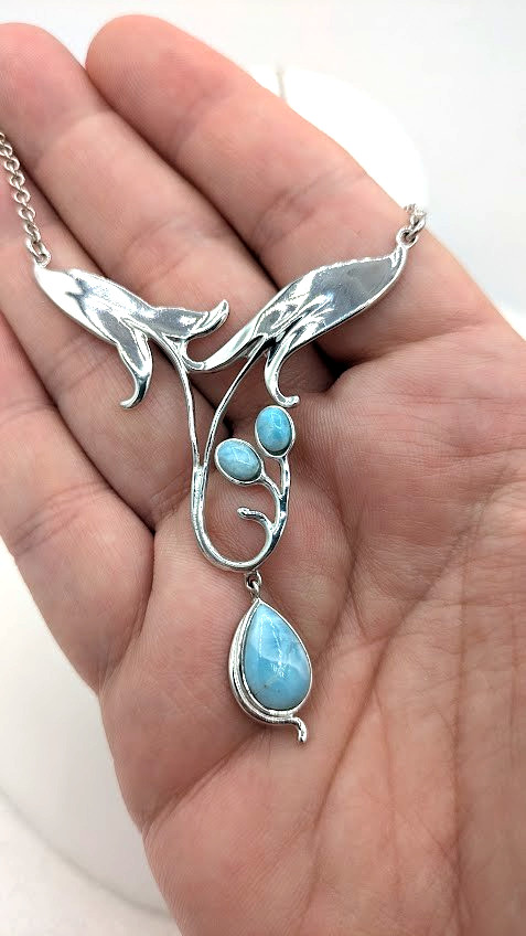 Vintage Floral Pendant Necklace Sterling Silver 925 Thailand Blue Glass