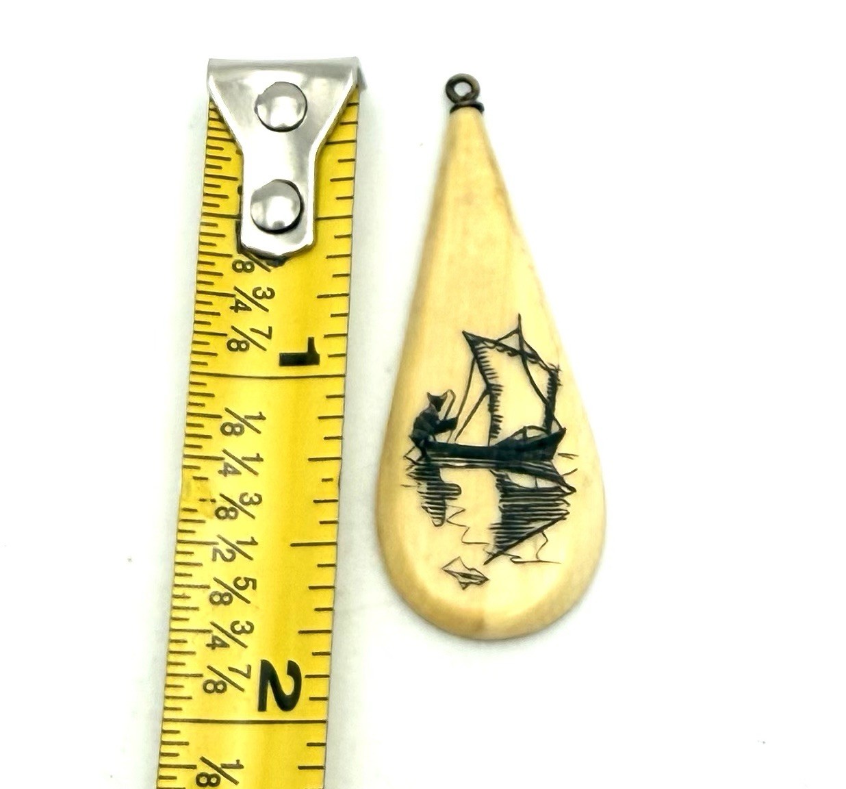 Scrimshaw Pendant Fishing Boat Elongated Teardrop Vintage