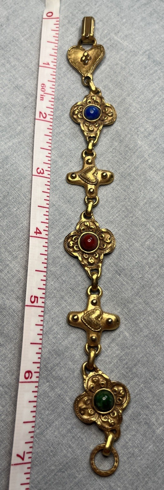 Robert Rose Bracelet VTG Thick Gold Tone Hearts Stones Artisan Links 7” 1990s